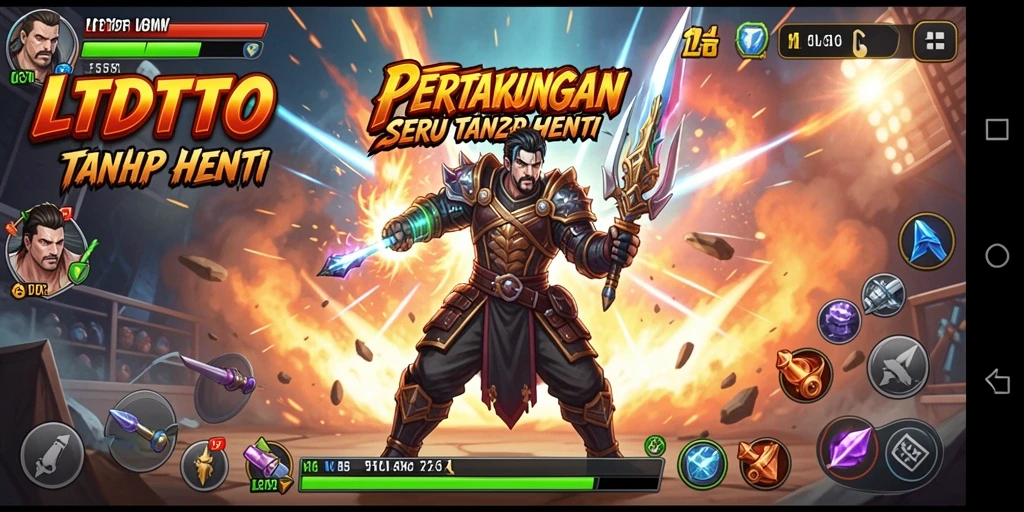 Gambar layar LTDTOTO menggambarkan pertempuran mendebarkan dan karakter kuat.