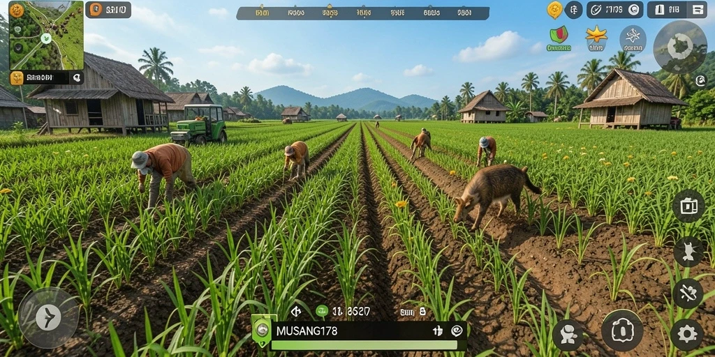 Screenshot utama MUSANG178 menampilkan suasana ladang yang hijau dan meriah dengan berbagai tanaman.