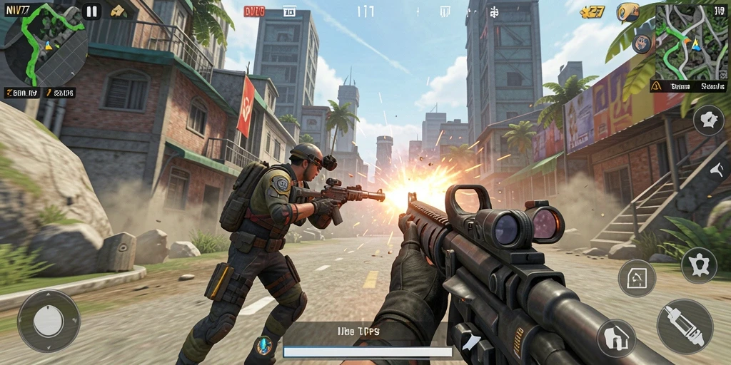 Screenshot utama NV77 menampilkan aksi intens dalam permainan TPS.