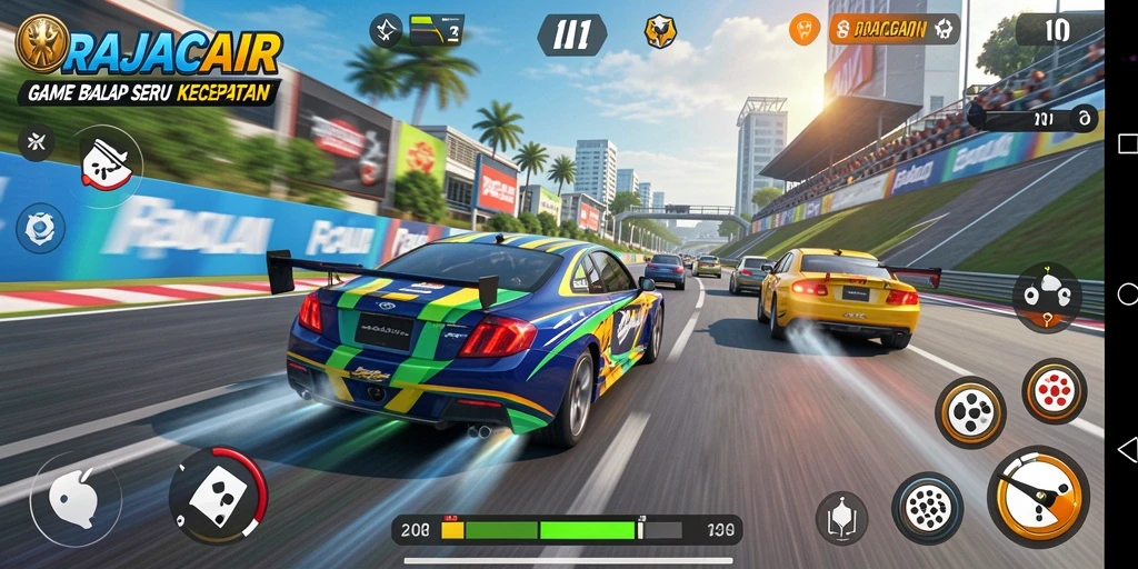 Tampilan gameplay seru dalam balapan RAJACAIR dengan mobil yang cepat.