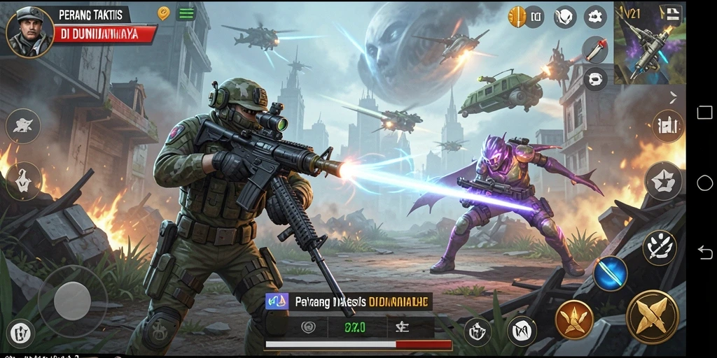 Tangkapan layar V21 menampilkan aksi tembak-menembak seru dalam gameplay FPS.