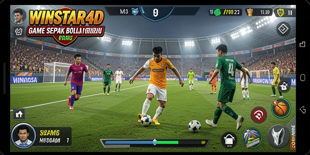 Tampilan gameplay seru dalam WINSTAR4D yang menggambarkan aksi sepak bola.